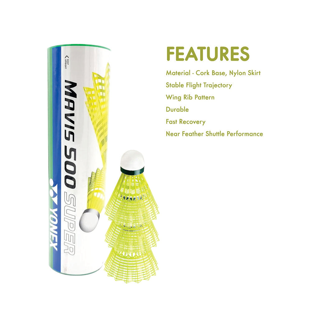 YONEX Mavis 500 Super Nylon Shuttlecock Made in Japan - Pack of 6 (Yellow)