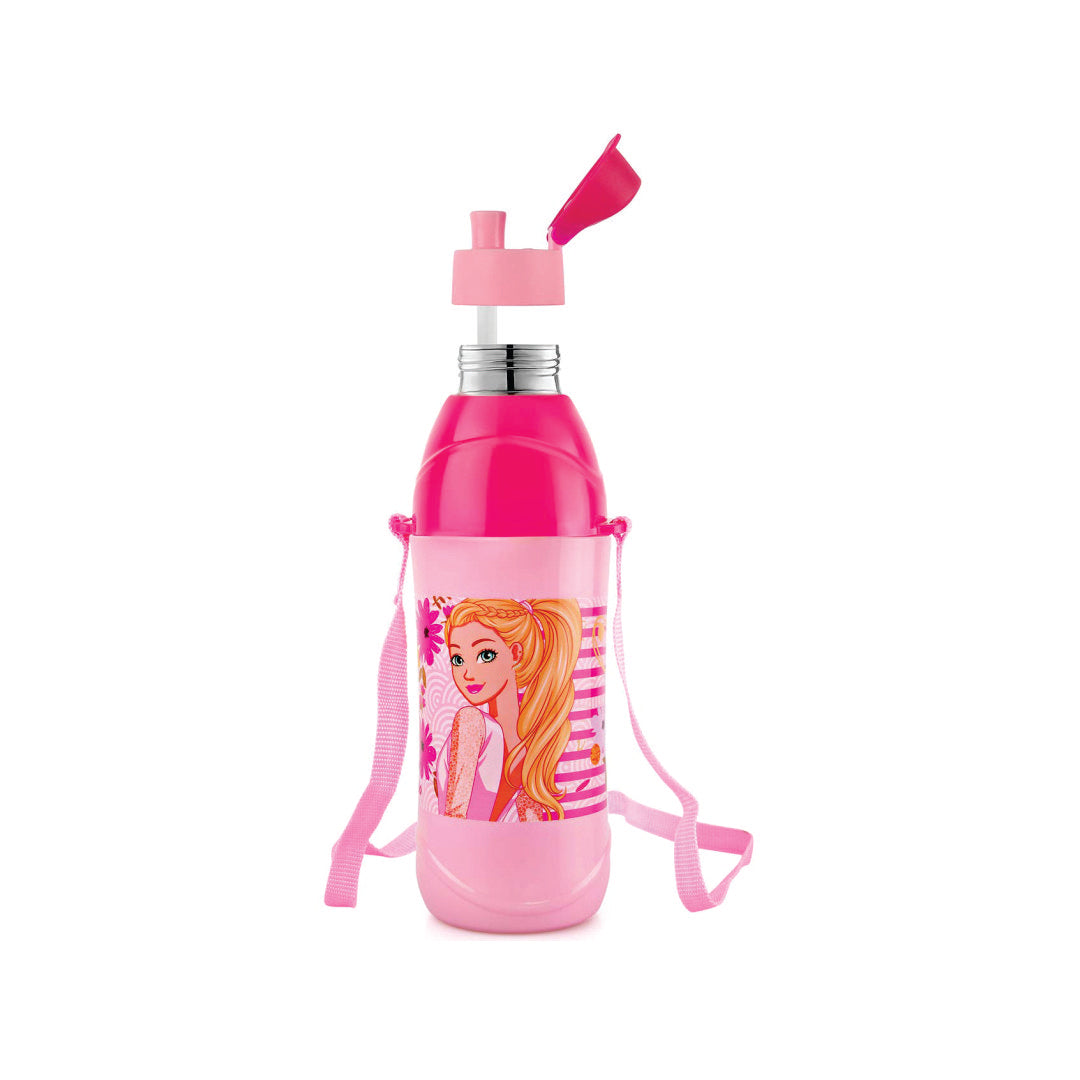 CELLO Puro Steel-X Kids Zee 900 Water Bottle | Barbie Design Water Bottle | Leakproof | Cold Insulation | Pack of 1 | 700ml | Light Pink