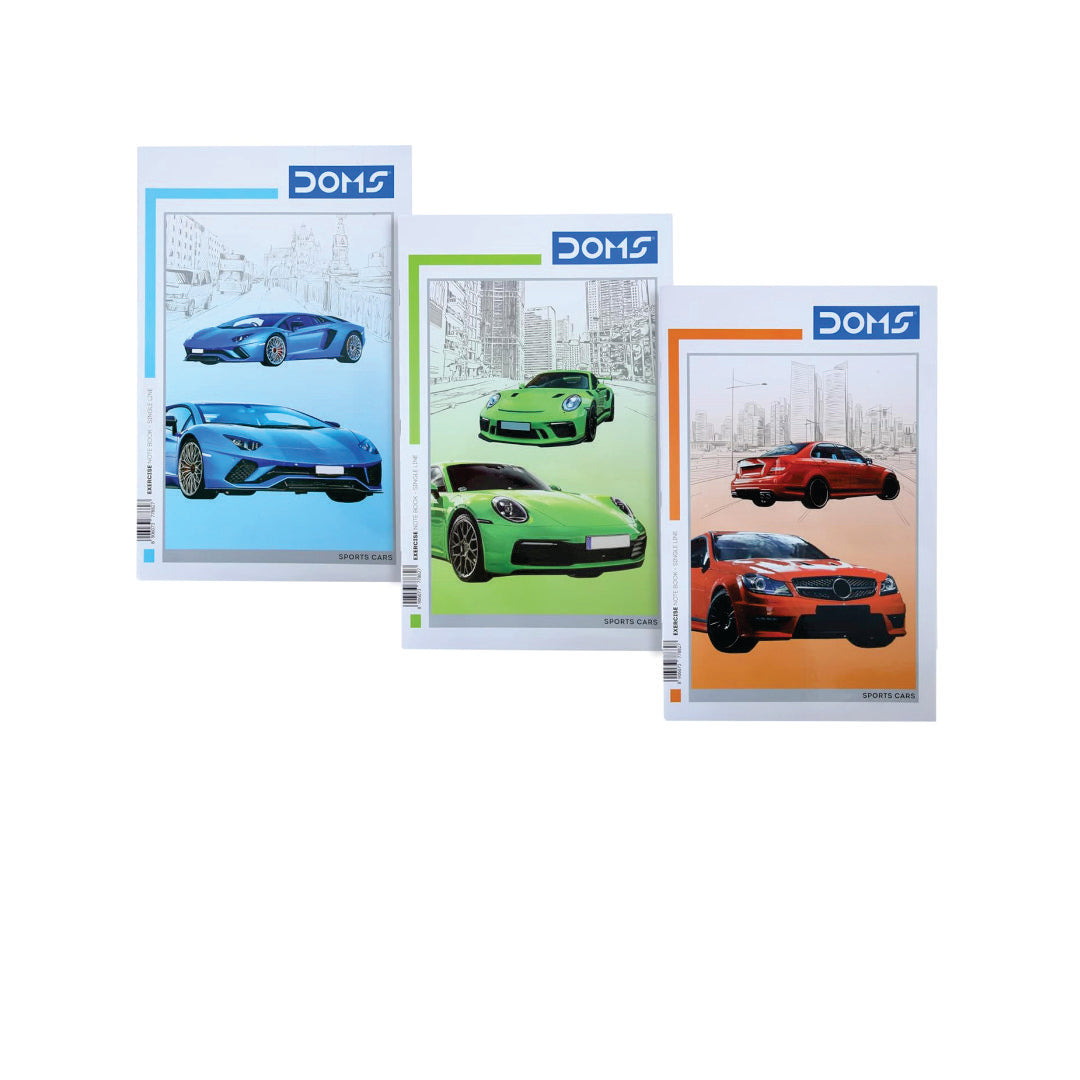 Doms Single Line Notebook - Sports Car Series (57 GSM, Assorted, 172 Pages)