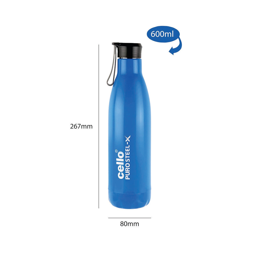 CELLO Puro Steel-X Rover 600 | Water Bottle with Inner Steel and Outer Plastic | Insulated Water Bottle | 480 ml