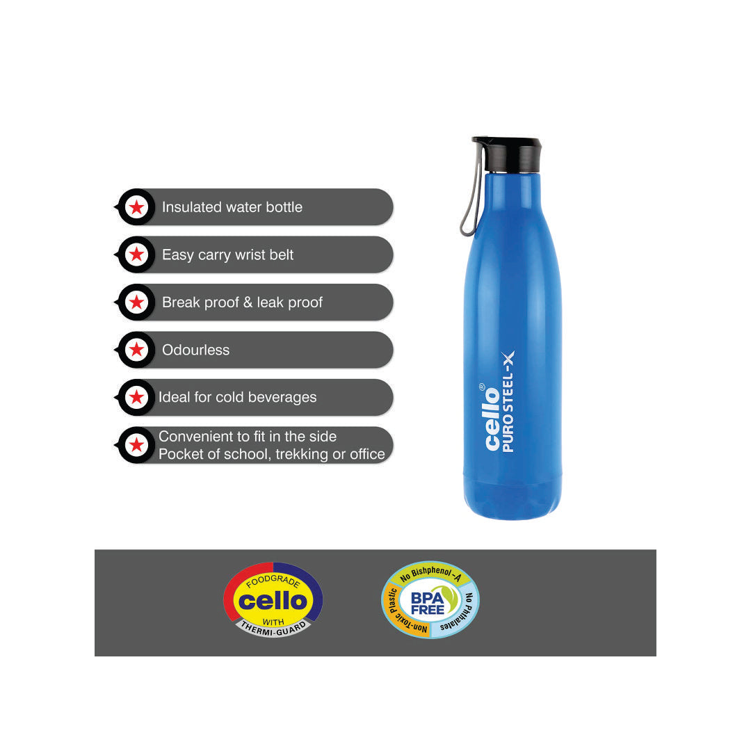 CELLO Puro Steel-X Rover 600 | Water Bottle with Inner Steel and Outer Plastic | Insulated Water Bottle | 480 ml