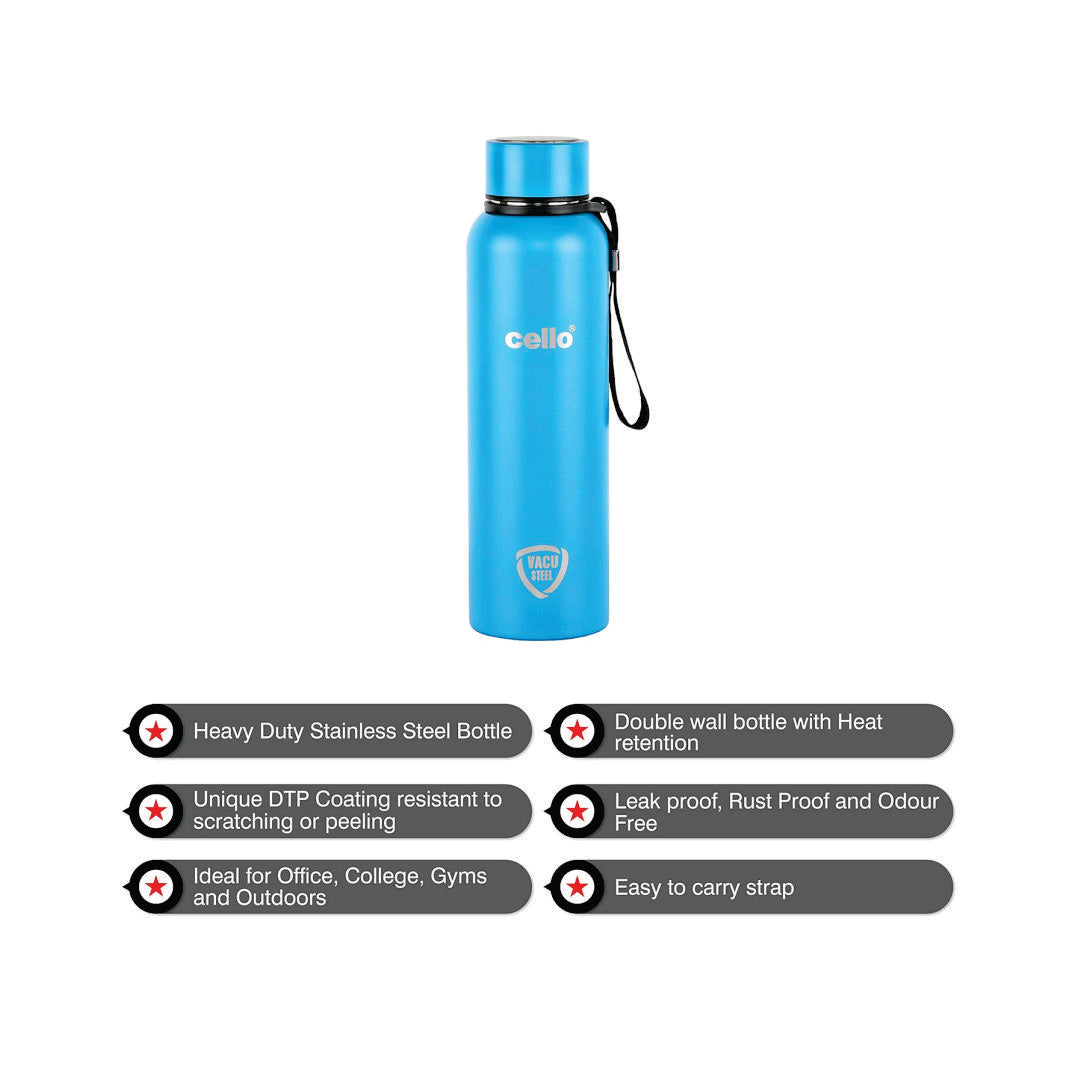 Cello Duro Tuff Steel Series- Kent Double Walled Stainless Steel Water Bottle with Durable DTP Coating